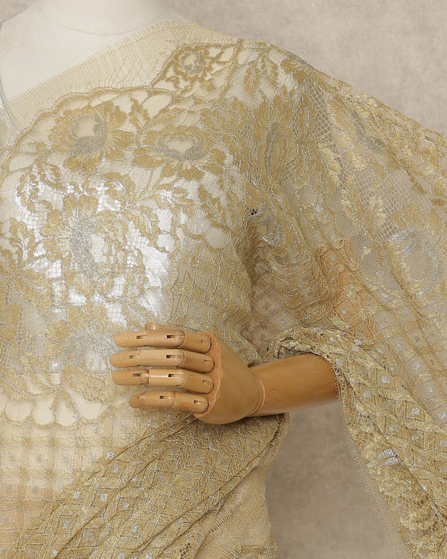 Light Antique Gold Premium French Metallic Chantilly Lace Saree, 5.5 Mtrs Length, 110 Cms Width, Made in France-D27143