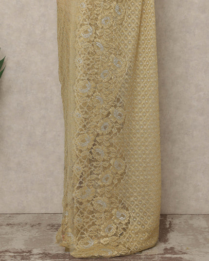 Light Antique Gold Premium French Metallic Chantilly Lace Saree, 5.5 Mtrs Length, 110 Cms Width, Made in France-D27143