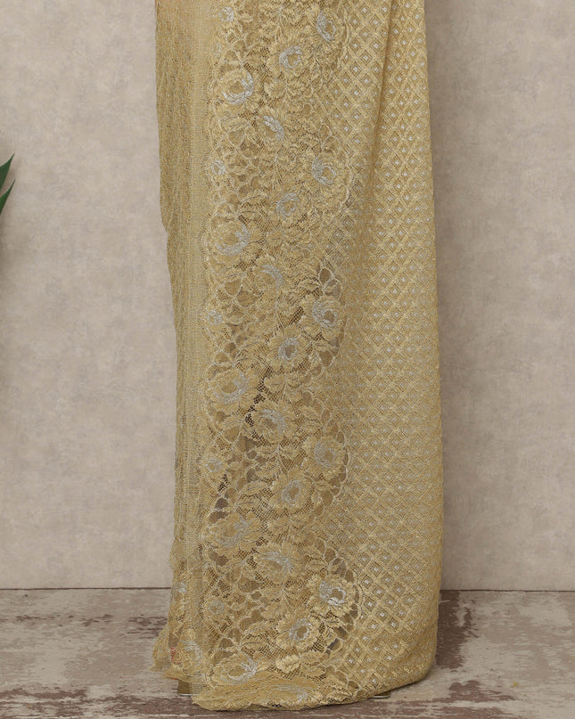 Light Antique Gold Premium French Metallic Chantilly Lace Saree, 5.5 Mtrs Length, 110 Cms Width, Made in France-D27143