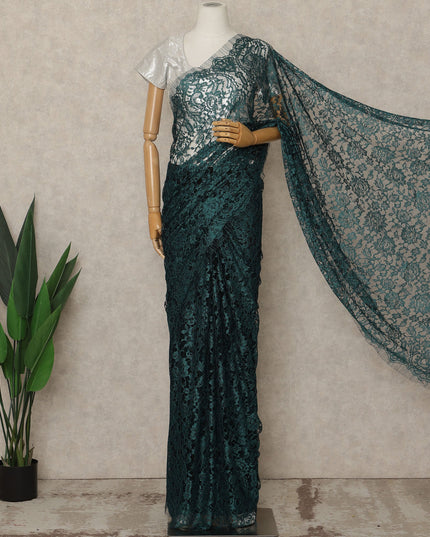 Deep Teal Blue Premium French 2-Tone Chantilly Lace Saree, 5.5 Mtrs Length, 110 Cms Width, Made in France-D27145