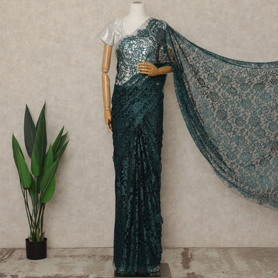 Deep Teal Blue Premium French 2-Tone Chantilly Lace Saree, 5.5 Mtrs Length, 110 Cms Width, Made in France-D27145