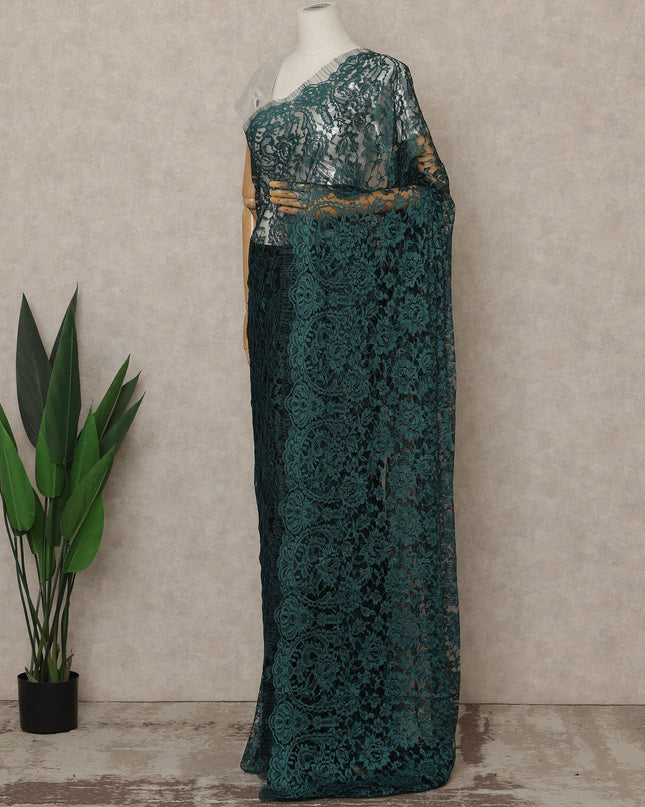 Deep Teal Blue Premium French 2-Tone Chantilly Lace Saree, 5.5 Mtrs Length, 110 Cms Width, Made in France-D27145