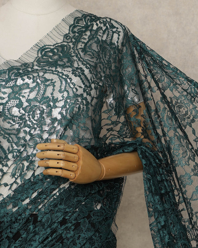 Deep Teal Blue Premium French 2-Tone Chantilly Lace Saree, 5.5 Mtrs Length, 110 Cms Width, Made in France-D27145