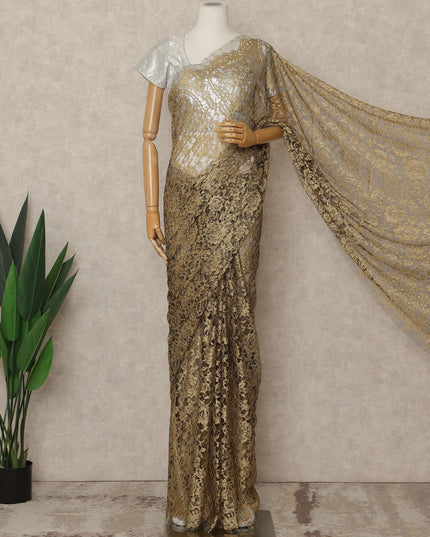 Antique Gold Premium French 2-Tone Chantilly Lace Saree, 5.5 Mtrs Length, 110 Cms Width, Made in France-D27149