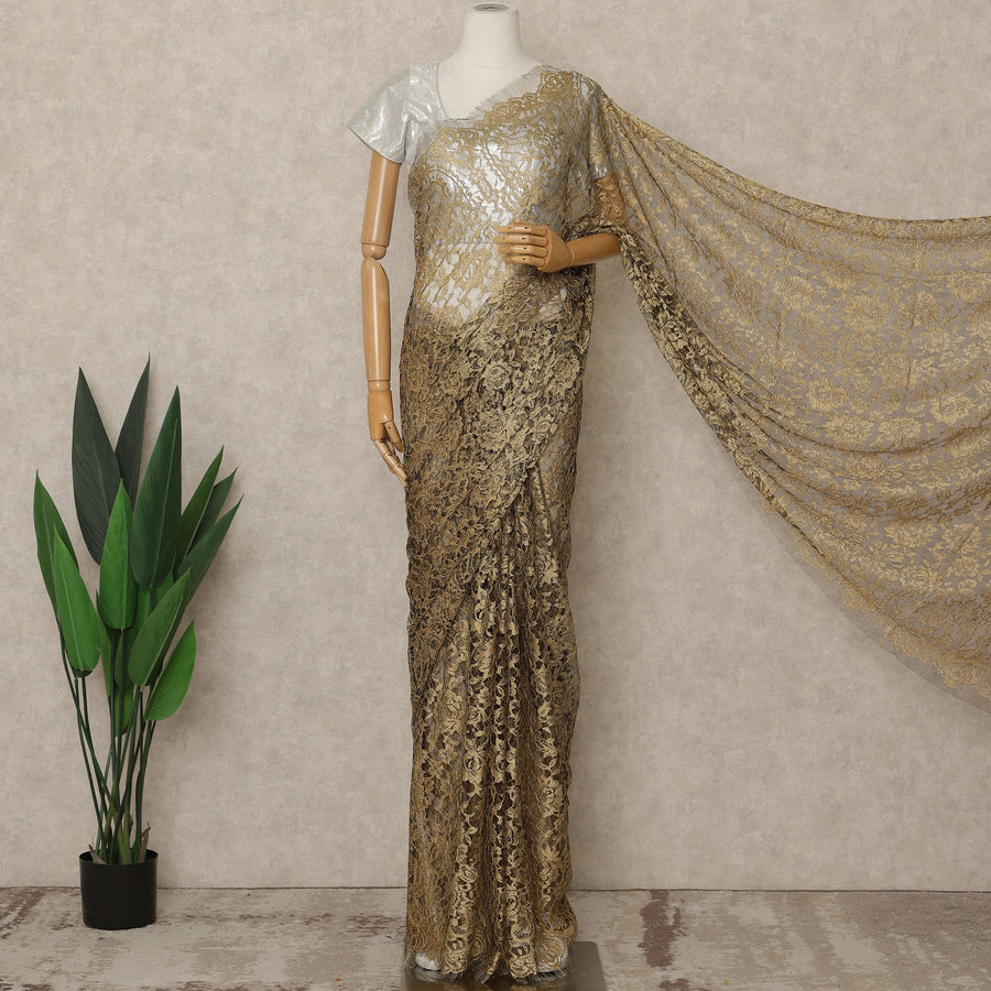 Antique Gold Premium French 2-Tone Chantilly Lace Saree, 5.5 Mtrs Length, 110 Cms Width, Made in France-D27149