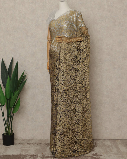 Antique Gold Premium French 2-Tone Chantilly Lace Saree, 5.5 Mtrs Length, 110 Cms Width, Made in France-D27149