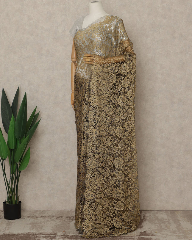 Antique Gold Premium French 2-Tone Chantilly Lace Saree, 5.5 Mtrs Length, 110 Cms Width, Made in France-D27149