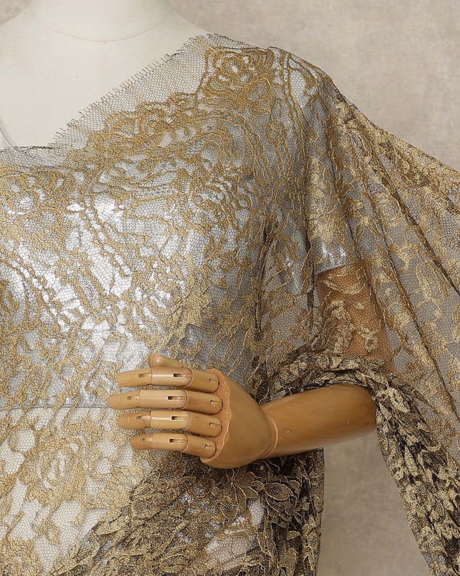 Antique Gold Premium French 2-Tone Chantilly Lace Saree, 5.5 Mtrs Length, 110 Cms Width, Made in France-D27149