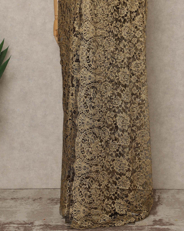 Antique Gold Premium French 2-Tone Chantilly Lace Saree, 5.5 Mtrs Length, 110 Cms Width, Made in France-D27149