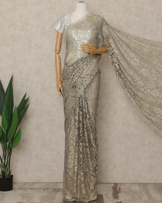 Soft Beige Blue Premium French 2-Tone Chantilly Lace Saree, 5.5 Mtrs Length, 110 Cms Width, Made in France-D27146