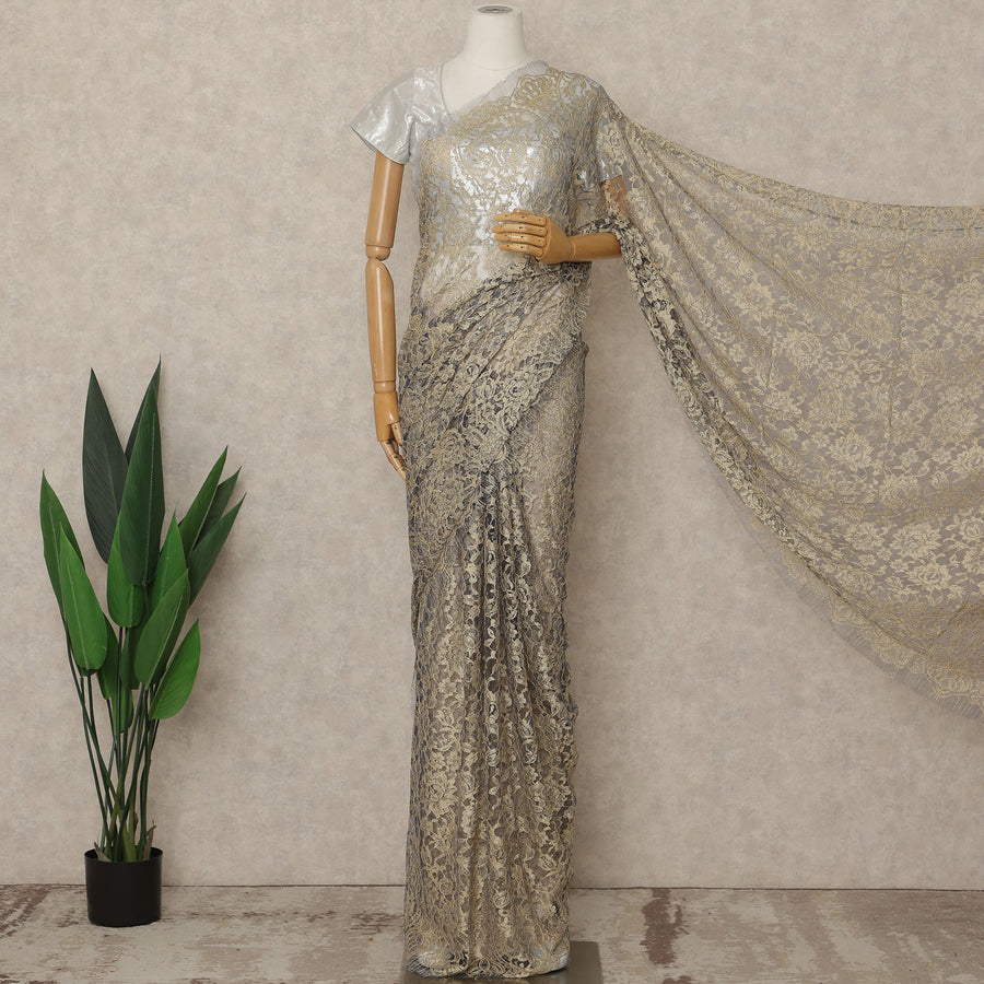 Soft Beige Blue Premium French 2-Tone Chantilly Lace Saree, 5.5 Mtrs Length, 110 Cms Width, Made in France-D27146