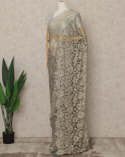 Soft Beige Blue Premium French 2-Tone Chantilly Lace Saree, 5.5 Mtrs Length, 110 Cms Width, Made in France-D27146