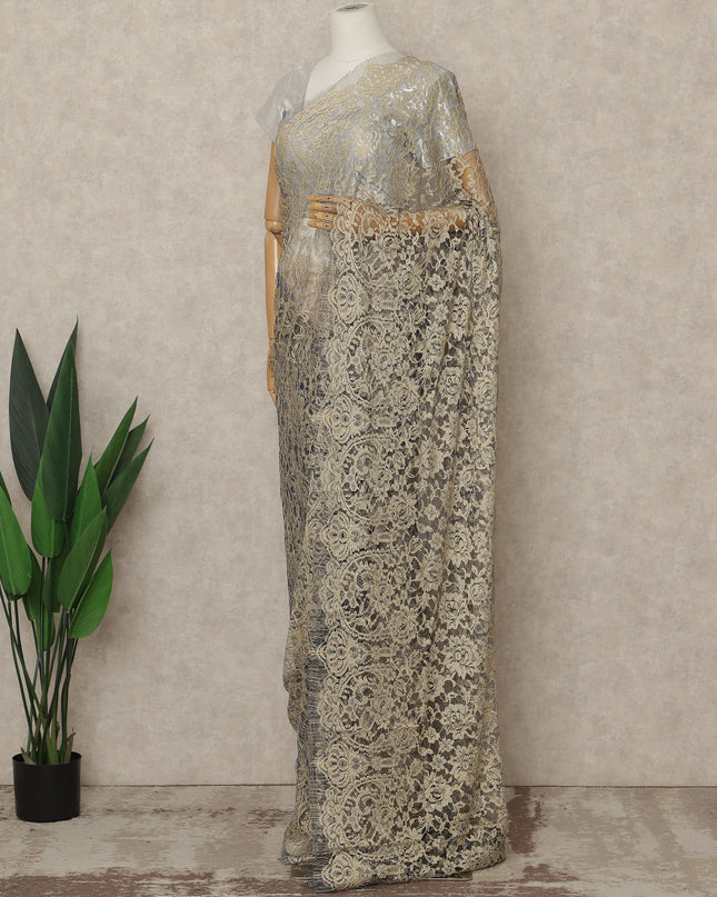 Soft Beige Blue Premium French 2-Tone Chantilly Lace Saree, 5.5 Mtrs Length, 110 Cms Width, Made in France-D27146