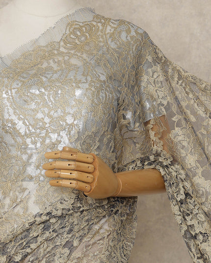 Soft Beige Blue Premium French 2-Tone Chantilly Lace Saree, 5.5 Mtrs Length, 110 Cms Width, Made in France-D27146