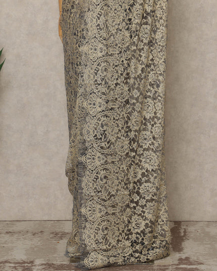 Soft Beige Blue Premium French 2-Tone Chantilly Lace Saree, 5.5 Mtrs Length, 110 Cms Width, Made in France-D27146