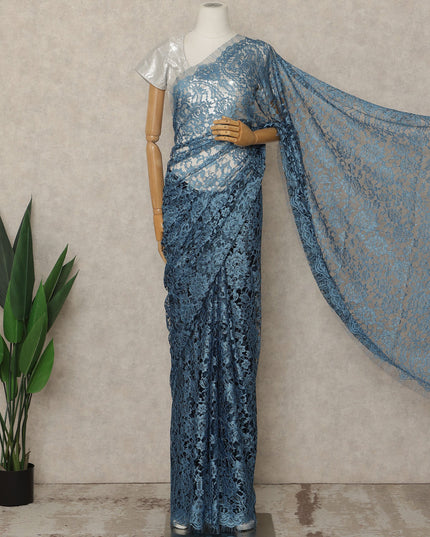 Steel Blue Premium French 2-Tone Chantilly Lace Saree, 5.5 Mtrs Length, 110 Cms Width, Made in France-D27148