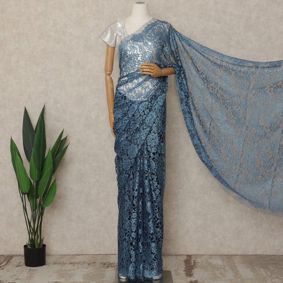 Steel Blue Premium French 2-Tone Chantilly Lace Saree, 5.5 Mtrs Length, 110 Cms Width, Made in France-D27148