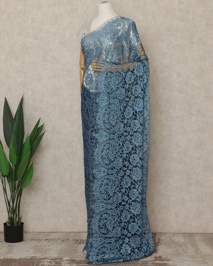 Steel Blue Premium French 2-Tone Chantilly Lace Saree, 5.5 Mtrs Length, 110 Cms Width, Made in France-D27148