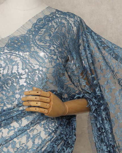 Steel Blue Premium French 2-Tone Chantilly Lace Saree, 5.5 Mtrs Length, 110 Cms Width, Made in France-D27148