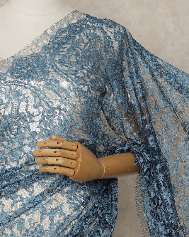 Steel Blue Premium French 2-Tone Chantilly Lace Saree, 5.5 Mtrs Length, 110 Cms Width, Made in France-D27148
