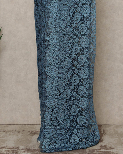 Steel Blue Premium French 2-Tone Chantilly Lace Saree, 5.5 Mtrs Length, 110 Cms Width, Made in France-D27148