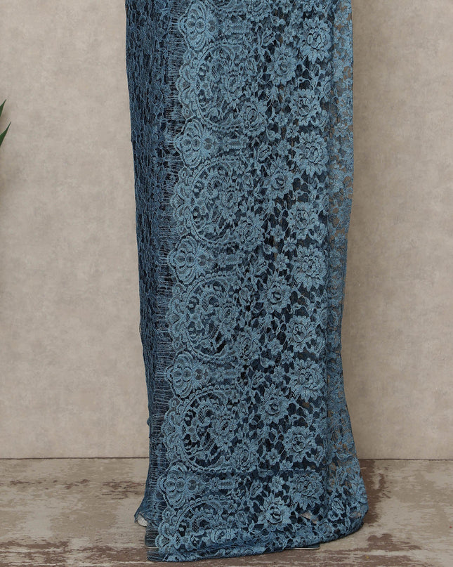 Steel Blue Premium French 2-Tone Chantilly Lace Saree, 5.5 Mtrs Length, 110 Cms Width, Made in France-D27148
