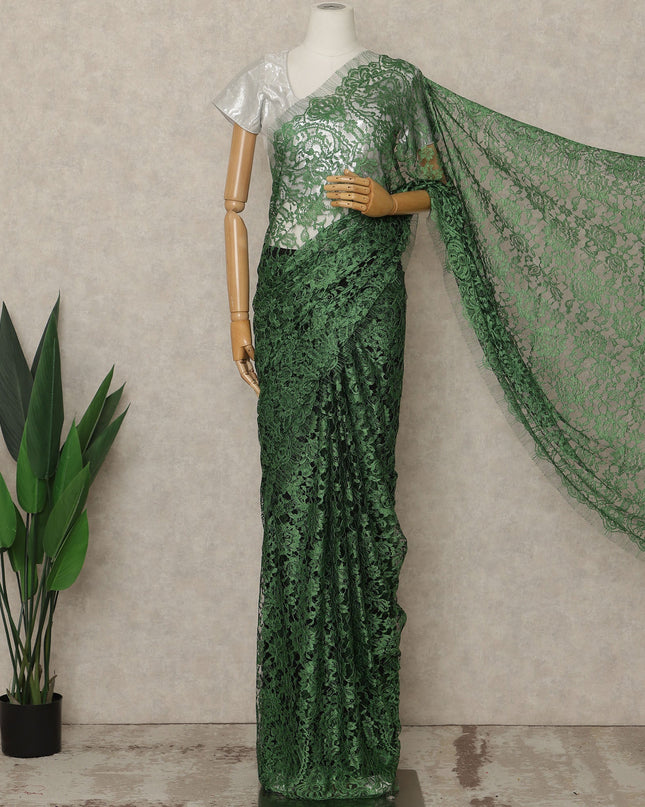 Emerald Green Premium French 2-Tone Chantilly Lace Saree, 5.5 Mtrs Length, 110 Cms Width, Made in France-D27147