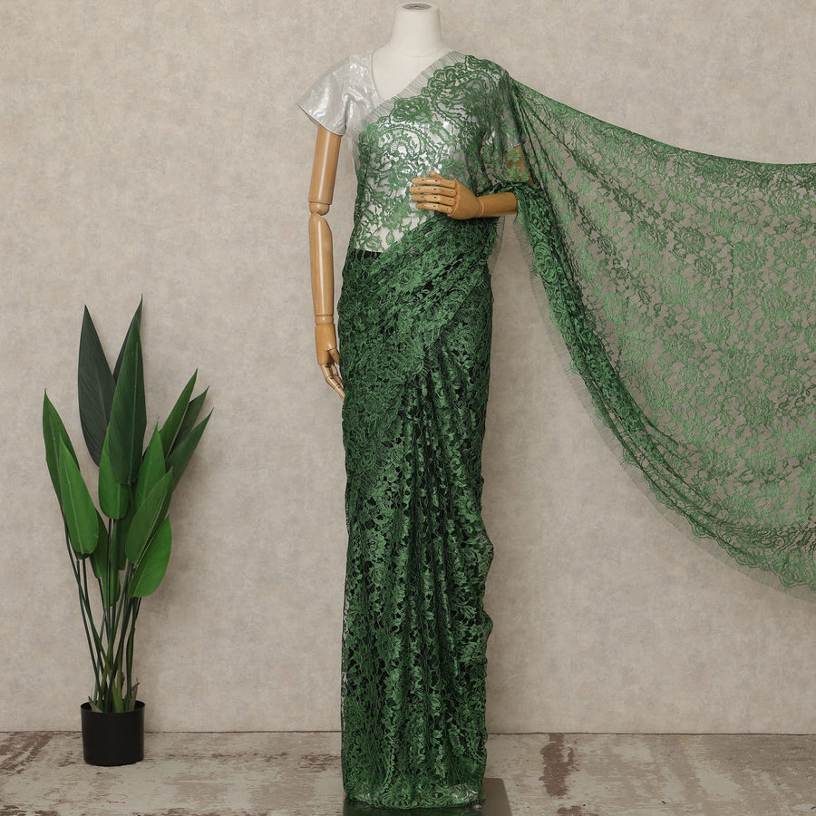 Emerald Green Premium French 2-Tone Chantilly Lace Saree, 5.5 Mtrs Length, 110 Cms Width, Made in France-D27147
