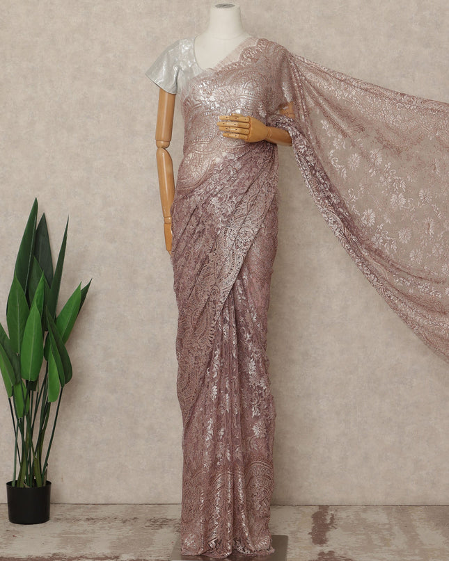 Dusty Rose Premium French Metallic Chantilly Saree Lace Fabric 5.5 Meters Length 110 Cms Width Imported From France Elegant Designer Lace Blouse Not Included-D27358 Regal Fabrics