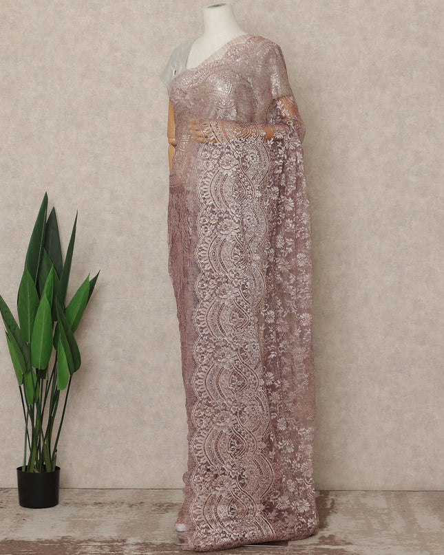 Dusty Rose Premium French Metallic Chantilly Saree Lace Fabric 5.5 Meters Length 110 Cms Width Imported From France Elegant Designer Lace Blouse Not Included-D27358 Regal Fabrics