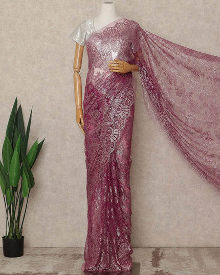 Wine Purple Premium French Metallic Chantilly Saree Lace Fabric 5.5 Meters Length 110 Cms Width Imported From France Elegant Designer Lace Blouse Not Included-D27364