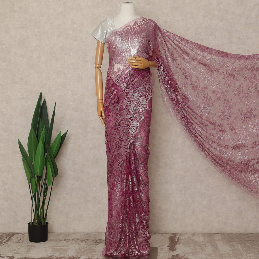 Wine Purple Premium French Metallic Chantilly Saree Lace Fabric 5.5 Meters Length 110 Cms Width Imported From France Elegant Designer Lace Blouse Not Included-D27364