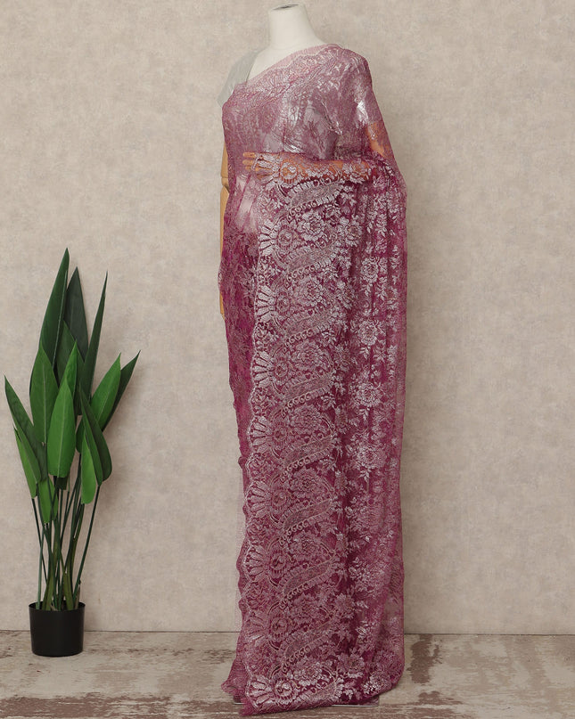 Wine Purple Premium French Metallic Chantilly Saree Lace Fabric 5.5 Meters Length 110 Cms Width Imported From France Elegant Designer Lace Blouse Not Included-D27364