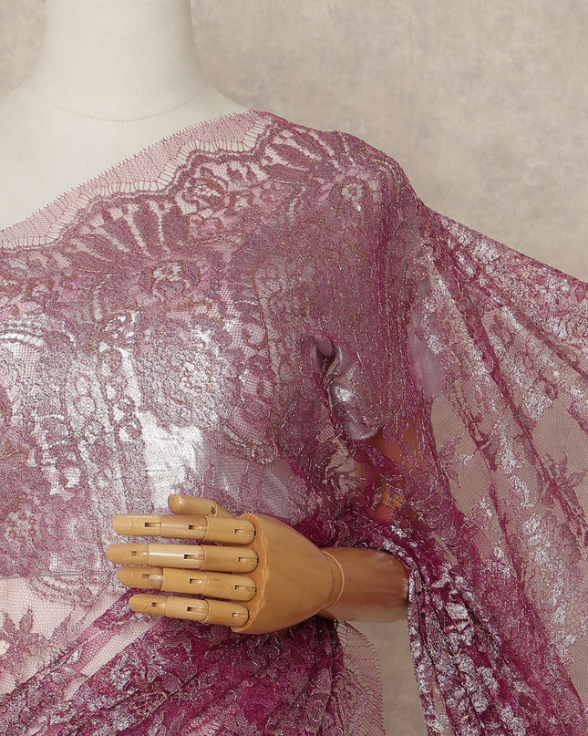 Wine Purple Premium French Metallic Chantilly Saree Lace Fabric 5.5 Meters Length 110 Cms Width Imported From France Elegant Designer Lace Blouse Not Included-D27364