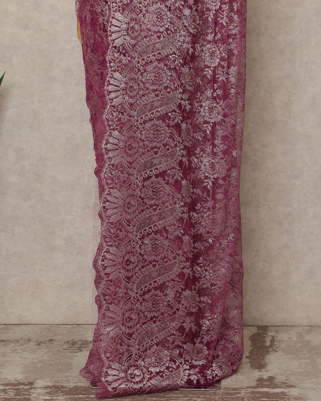 Wine Purple Premium French Metallic Chantilly Saree Lace Fabric 5.5 Meters Length 110 Cms Width Imported From France Elegant Designer Lace Blouse Not Included-D27364