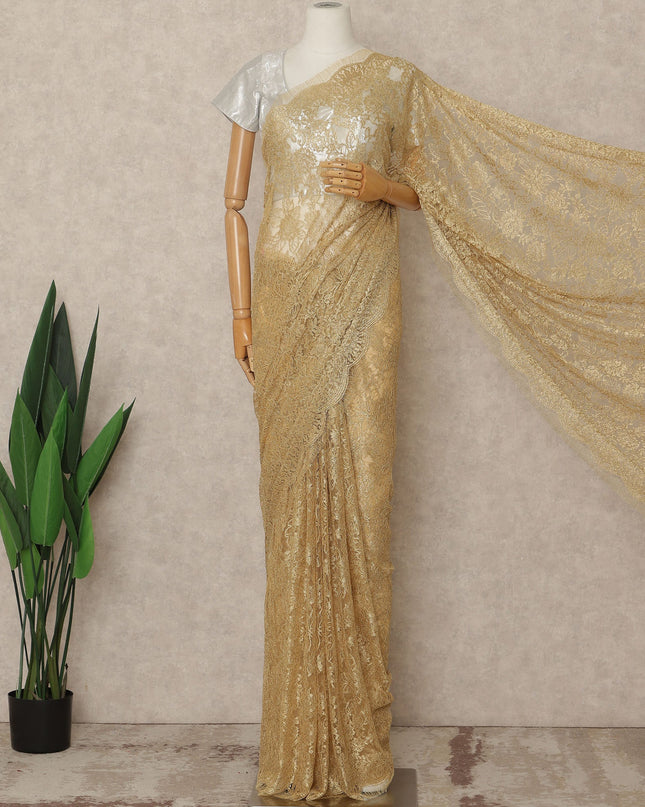 Antique Gold Premium French Metallic Chantilly Saree Lace Fabric 5.5 Meters Length 110 Cms Width Imported From France Elegant Designer Lace Blouse Not Included-D27361