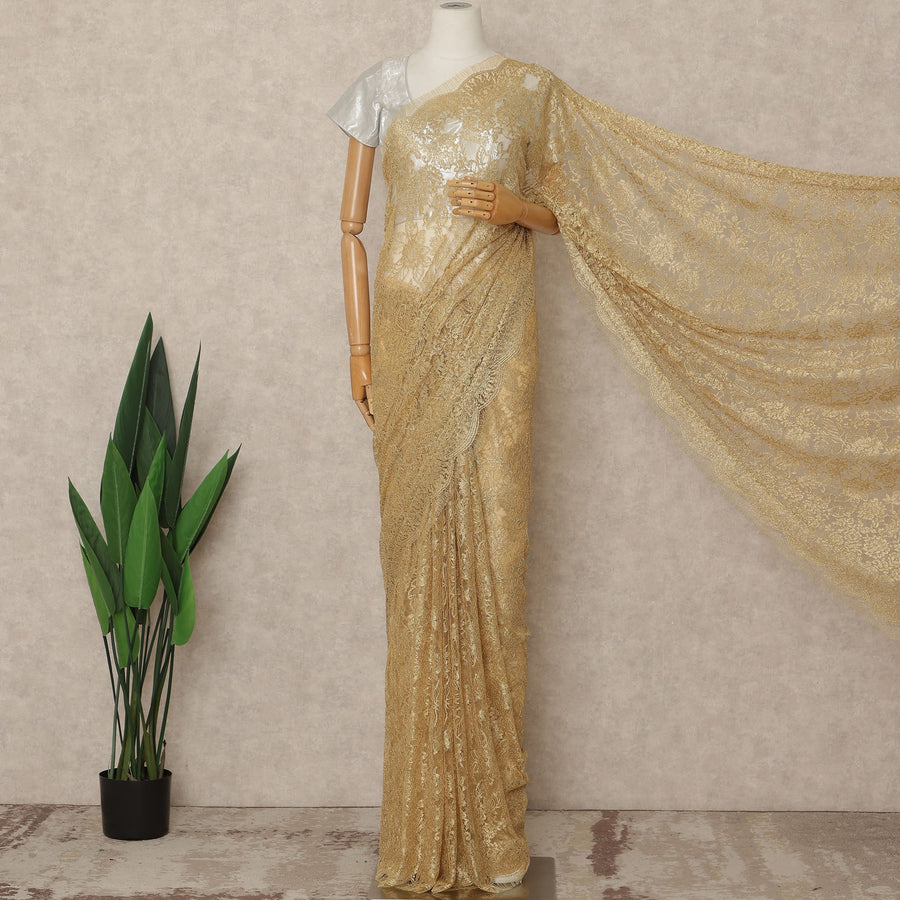 Antique Gold Premium French Metallic Chantilly Saree Lace Fabric 5.5 Meters Length 110 Cms Width Imported From France Elegant Designer Lace Blouse Not Included-D27361 Regal Fabrics