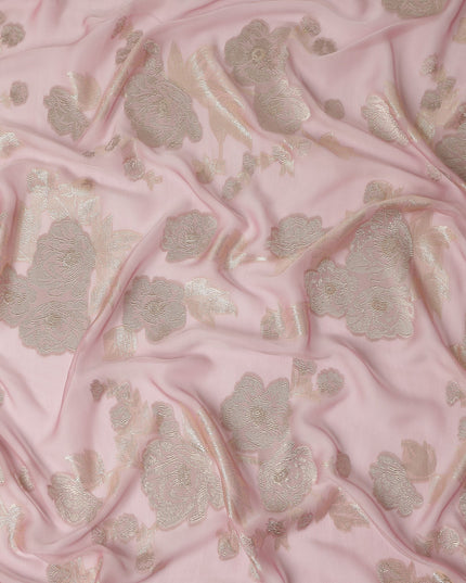 Blush Pink Gold Floral Metallic Lurex Premium Pure French Silk Chiffon Fabric Elegant Floral Woven Sheer Luxury Designer Fashion Fabric 110 Cms Width France Origin-D28512 - Regal Fabrics