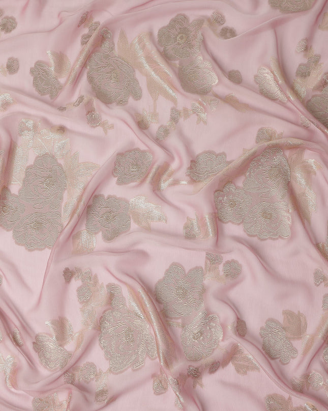 Blush Pink Gold Floral Metallic Lurex Premium Pure French Silk Chiffon Fabric Elegant Floral Woven Sheer Luxury Designer Fashion Fabric 110 Cms Width France Origin-D28512