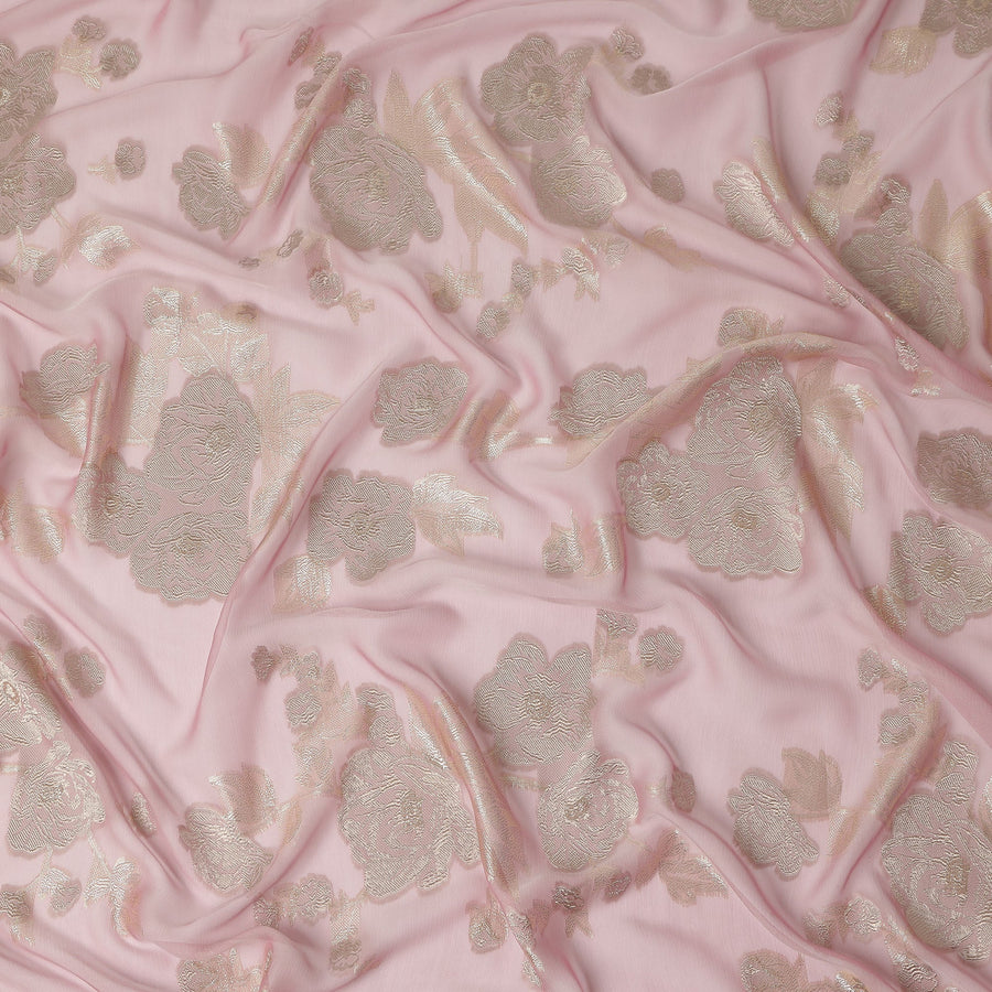 Blush Pink Gold Floral Metallic Lurex Premium Pure French Silk Chiffon Fabric Elegant Floral Woven Sheer Luxury Designer Fashion Fabric 110 Cms Width France Origin-D28512 - Regal Fabrics