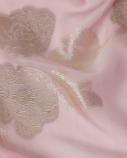 Blush Pink Gold Floral Metallic Lurex Premium Pure French Silk Chiffon Fabric Elegant Floral Woven Sheer Luxury Designer Fashion Fabric 110 Cms Width France Origin-D28512 - Regal Fabrics