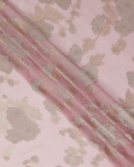 Blush Pink Gold Floral Metallic Lurex Premium Pure French Silk Chiffon Fabric Elegant Floral Woven Sheer Luxury Designer Fashion Fabric 110 Cms Width France Origin-D28512 - Regal Fabrics