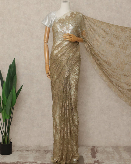 Metallic Browinsh Gold Premium French Metallic Chantilly Saree Lace Fabric 5.5 Mtrs Length 110 Cms Width Floral Designer Net Drape Material Made In France, Blouse Not Included-D28091 - Regal Fabrics