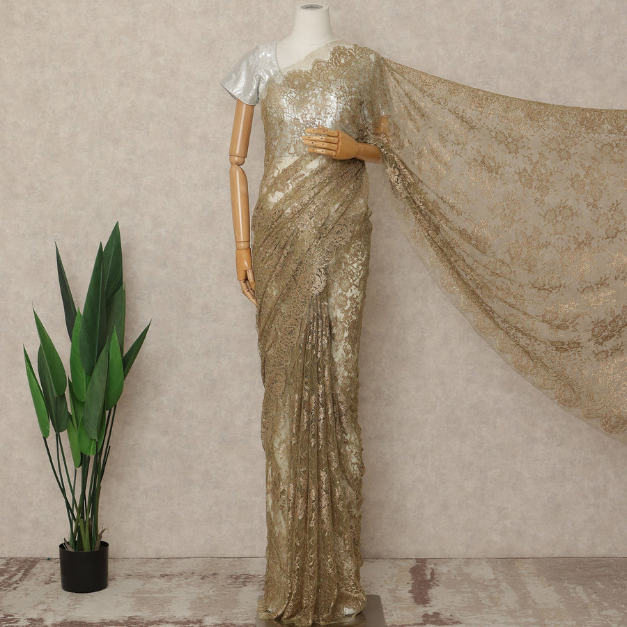 Metallic Browinsh Gold Premium French Metallic Chantilly Saree Lace Fabric 5.5 Mtrs Length 110 Cms Width Floral Designer Net Drape Material Made In France, Blouse Not Included-D28091 - Regal Fabrics