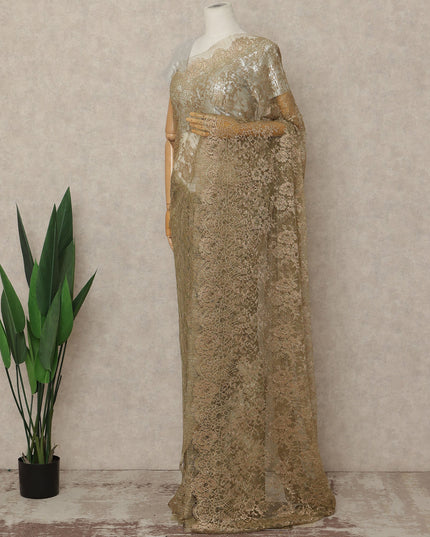 Metallic Browinsh Gold Premium French Metallic Chantilly Saree Lace Fabric 5.5 Mtrs Length 110 Cms Width Floral Designer Net Drape Material Made In France, Blouse Not Included-D28091 - Regal Fabrics