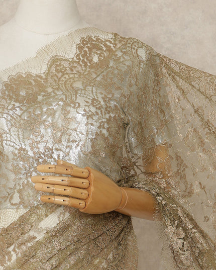 Metallic Browinsh Gold Premium French Metallic Chantilly Saree Lace Fabric 5.5 Mtrs Length 110 Cms Width Floral Designer Net Drape Material Made In France, Blouse Not Included-D28091 - Regal Fabrics