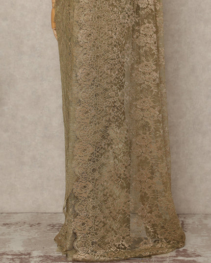 Metallic Browinsh Gold Premium French Metallic Chantilly Saree Lace Fabric 5.5 Mtrs Length 110 Cms Width Floral Designer Net Drape Material Made In France, Blouse Not Included-D28091 - Regal Fabrics
