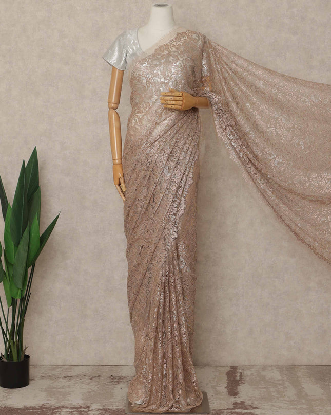 Rose Gold Premium French Metallic Chantilly Saree Lace 5.5 Mtrs Length 110 Cms Width Designer Net Fabric Made In France, Blouse Not Included-D28129