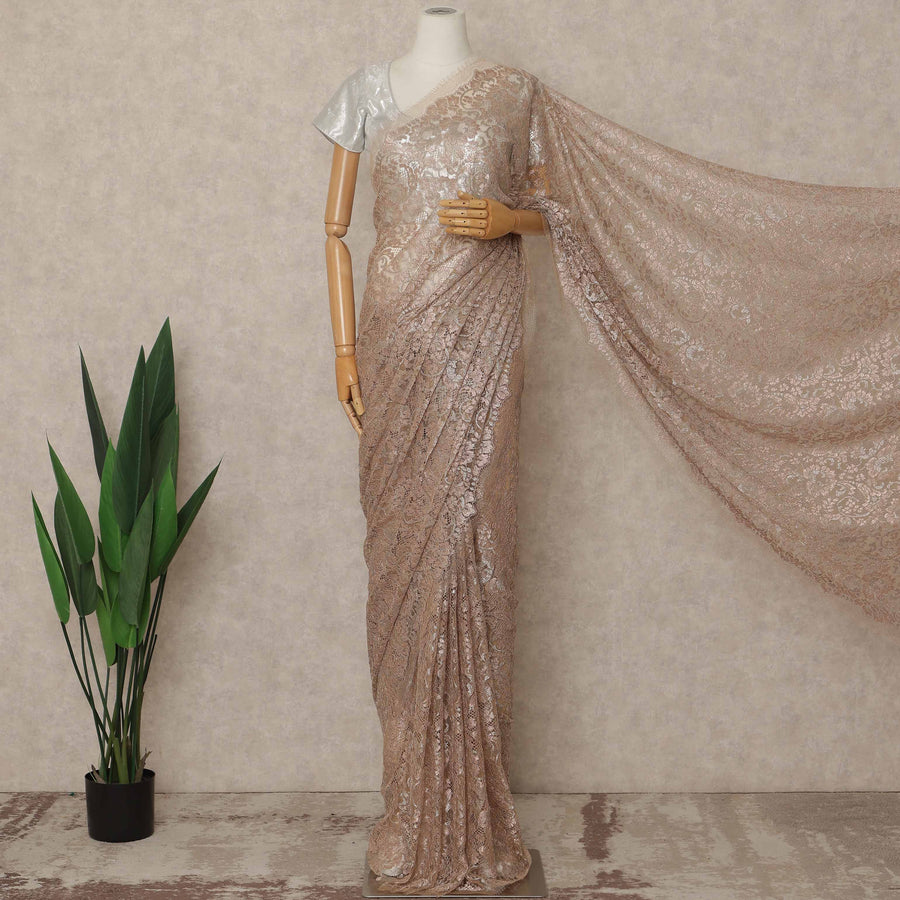 Rose Gold Premium French Metallic Chantilly Saree Lace 5.5 Mtrs Length 110 Cms Width Designer Net Fabric Made In France, Blouse Not Included-D28129