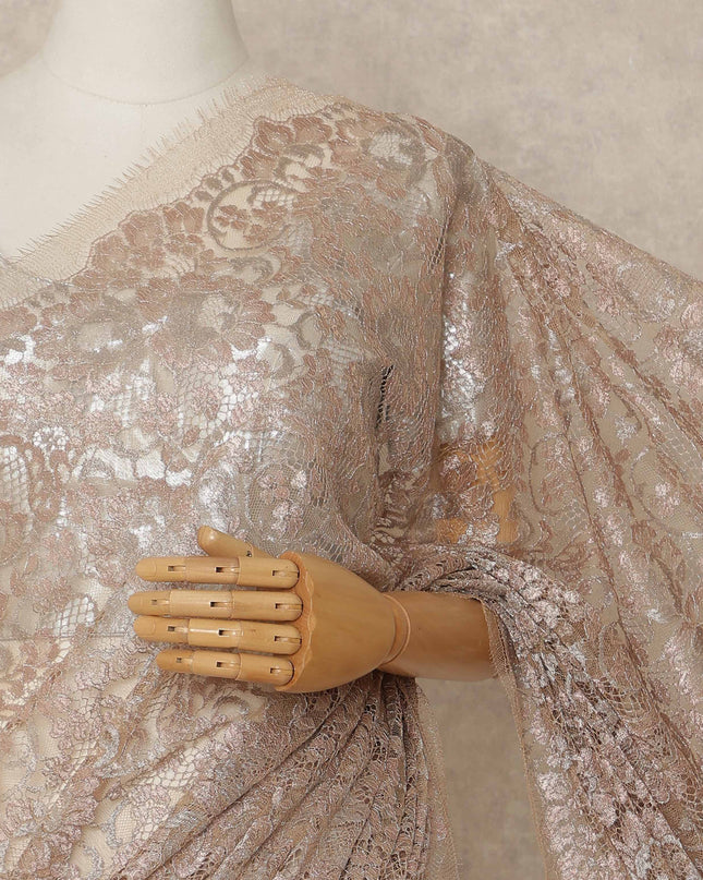 Rose Gold Premium French Metallic Chantilly Saree Lace 5.5 Mtrs Length 110 Cms Width Designer Net Fabric Made In France, Blouse Not Included-D28129